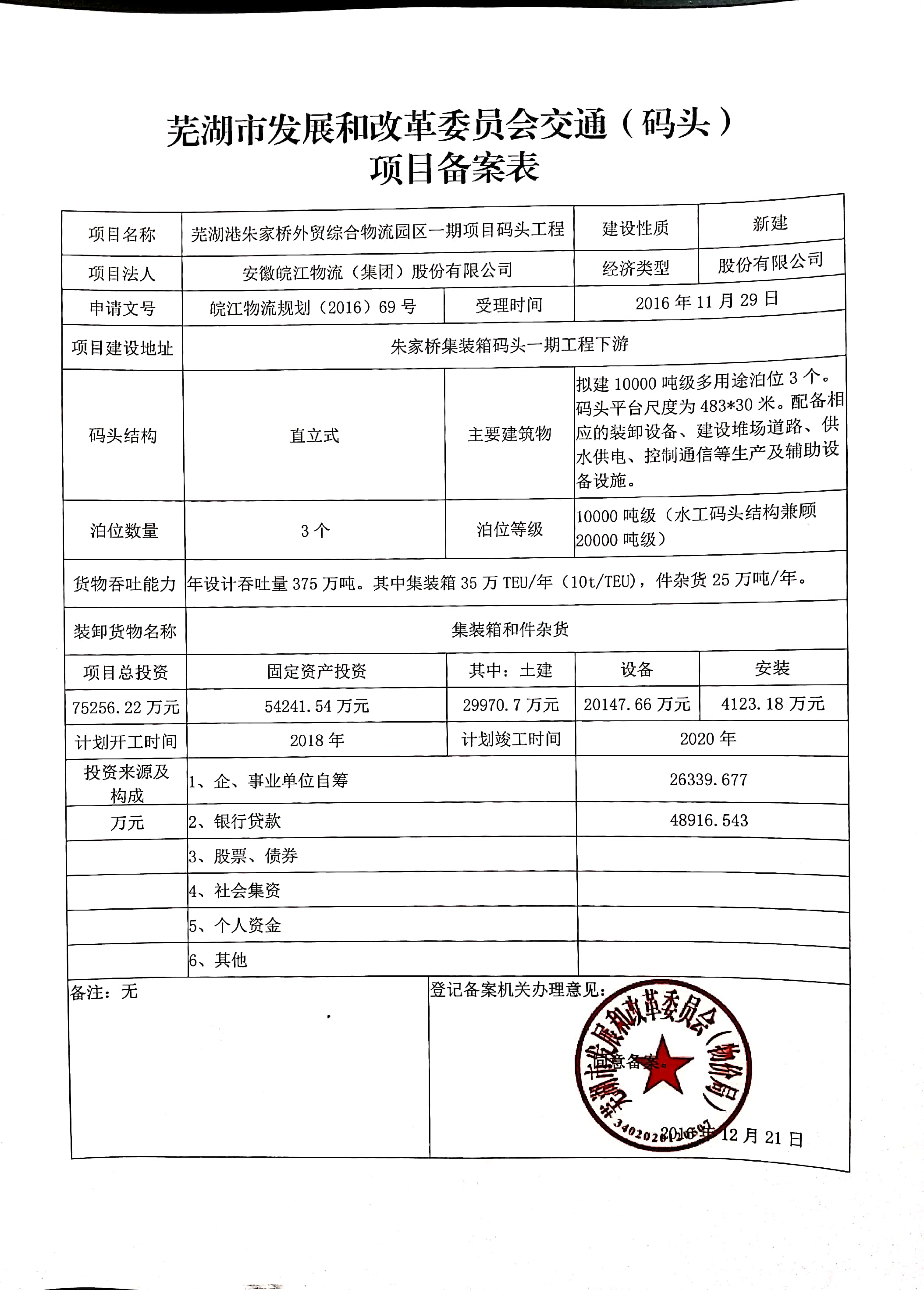 朱家桥外贸综合物流园一期项目备案表