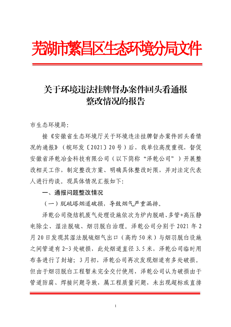 关于环境违法挂牌督办案件回头看通报整改情况的报告
